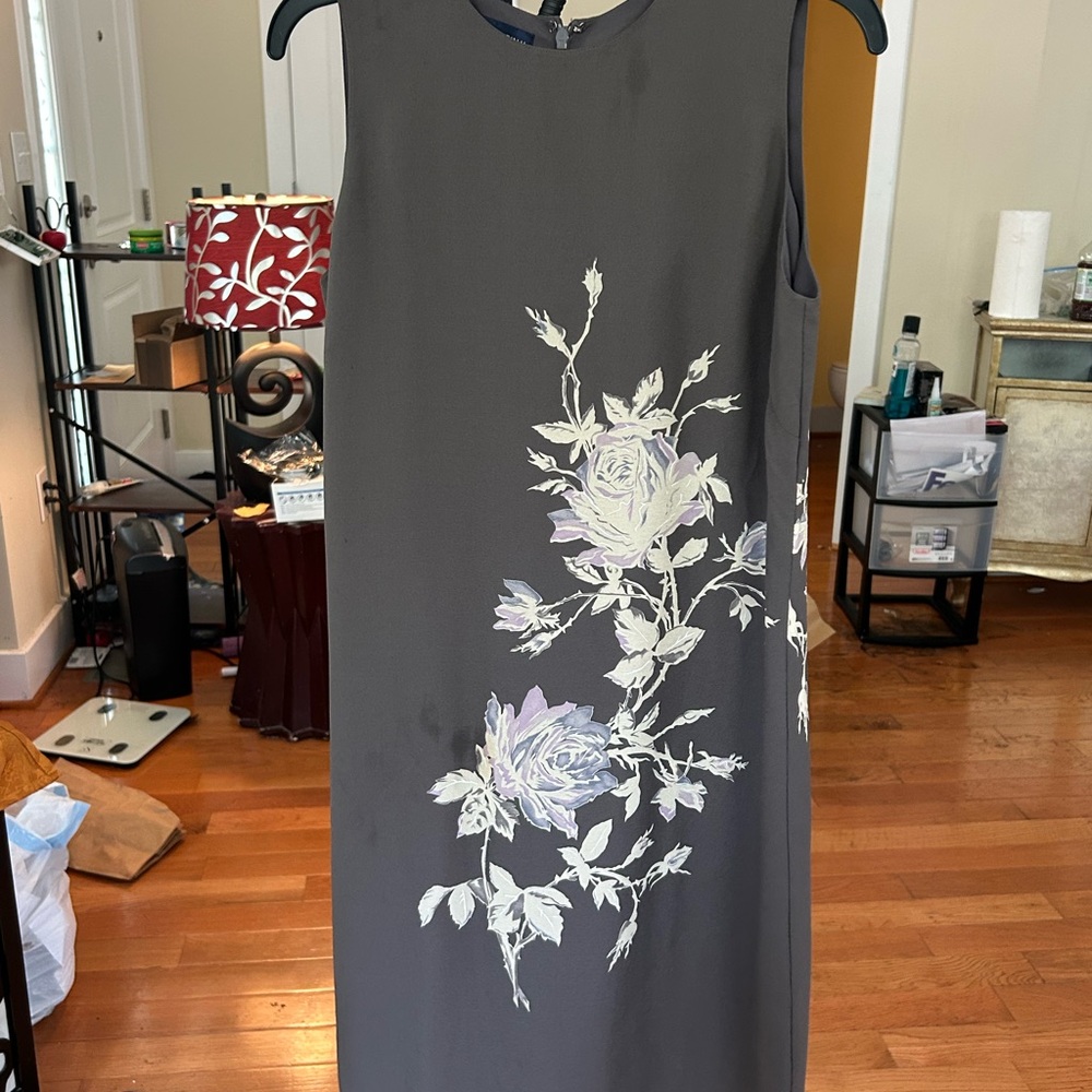 Vintage Anne Klein Grey Sheath Midi Dress with floral design